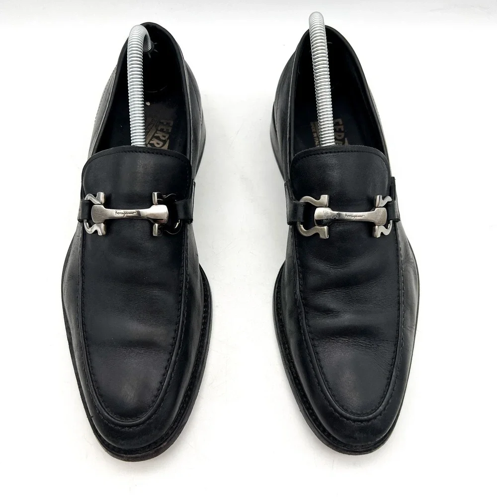 Salvatore Ferragamo Mens Size 7 EE Wide Black Leather Horse Bit Loafers - Picture 2 of 14
